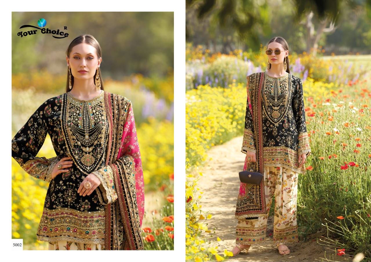 Glossy By Your choice 5001 To 5002 Series Indian Pakisatni ethnic wear Heavy Chinon At Wholesale Price